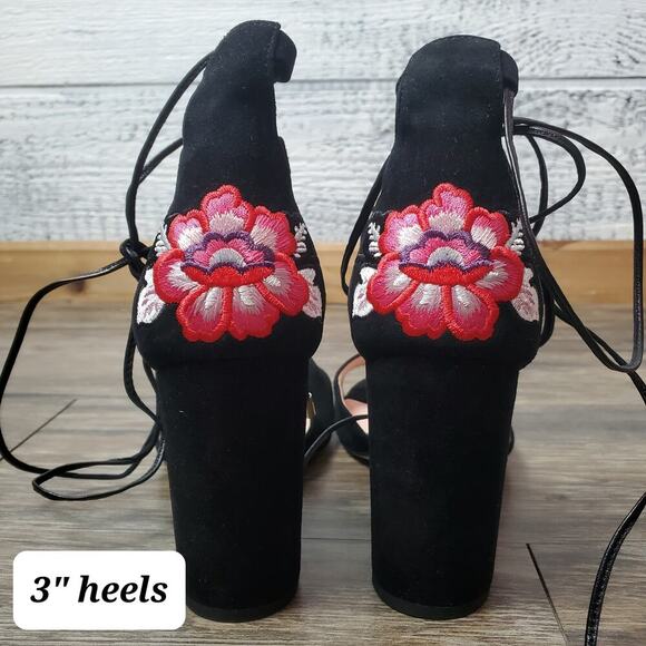 Kate Spade Oasis Lace-Up Suede Heels Floral Embroidered Sandals Black Size 6.5 - Picture 5 of 9